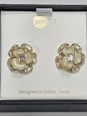 Gemelli Cream Enamel Flower Stud Earrings Gold Plated Baguette CZ Statement NIB